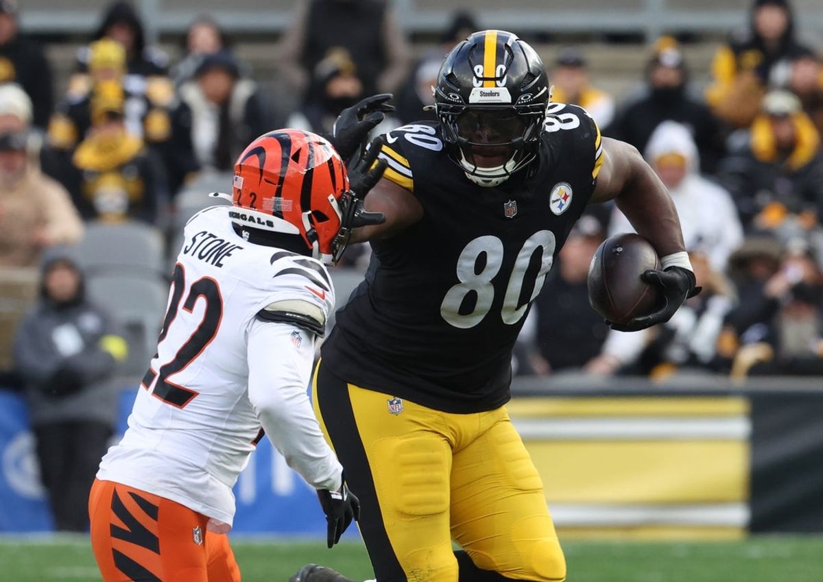 Nov 16, 2025; Pittsburgh, Pennsylvania, USA;  Pittsburgh Steelers tight end Darnell Washington (80) runs after a catch as Cincinnati Bengals safety Geno Stone (22) defends during the third quarter at Acrisure Stadium. Mandatory Credit: Charles LeClaire-Imagn Images