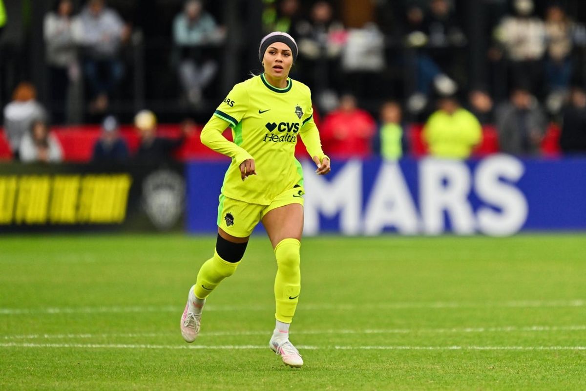 Nov 15, 2025; Washington, District of Columbia, USA;  Washington Spirit forward Trinity Rodman (2) in action against the Portland Thorns at Audi Field. Mandatory Credit: Jamie Sabau-Imagn Images