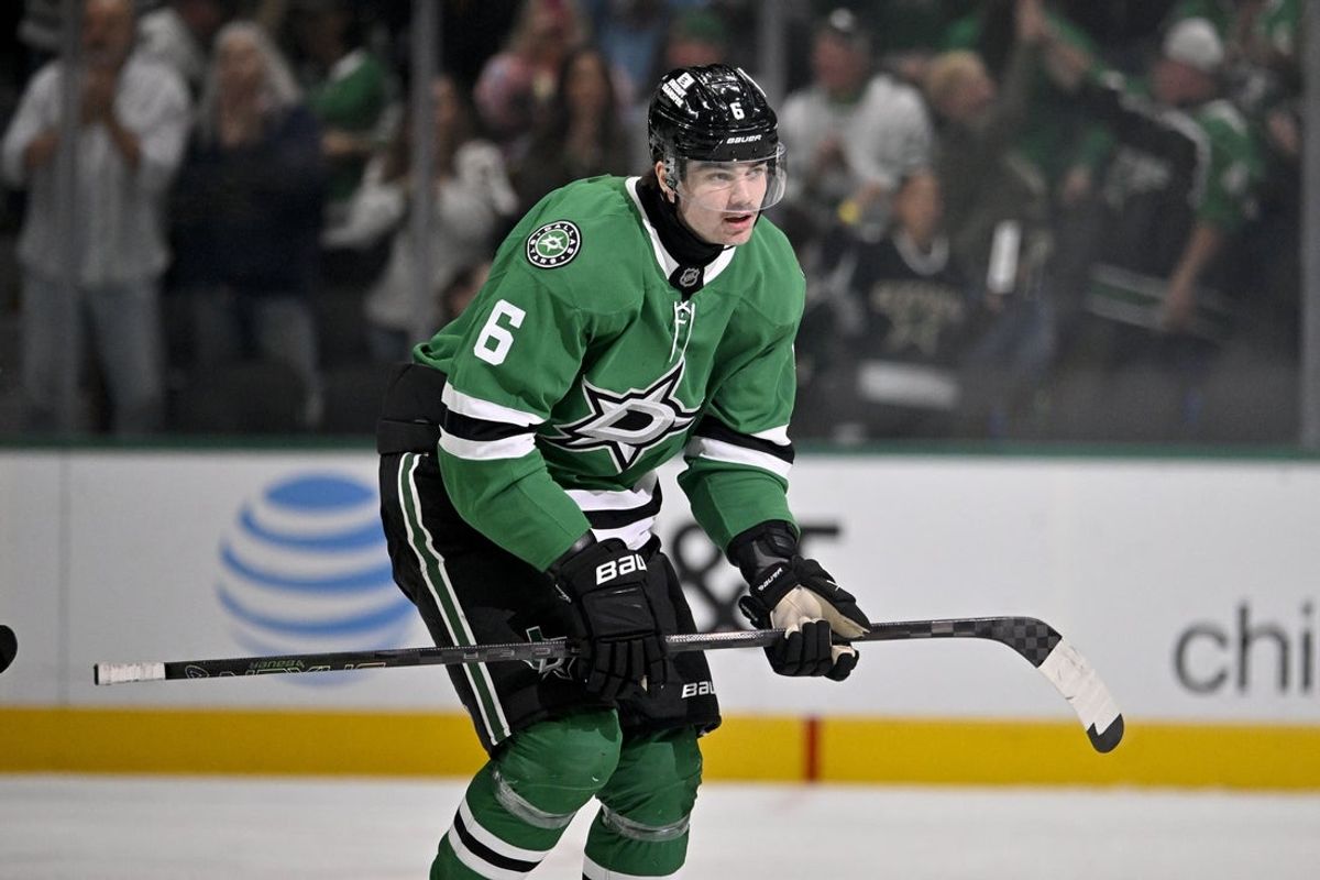 Nov 15, 2025; Dallas, Texas, USA; Dallas Stars defenseman Lian Bichsel (6) skates off the ice after scoring a goal during the game between the Stars and the Flyers at the American Airlines Center. Mandatory Credit: Jerome Miron-Imagn Images