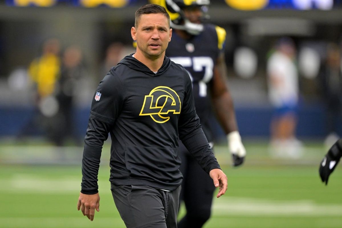 Nov 16, 2025; Inglewood, California, USA;  Los Angeles Rams defensive coordinator Chris Shula on the field prior to the game against the Seattle Seahawks at SoFi Stadium. Mandatory Credit: Jayne Kamin-Oncea-Imagn Images