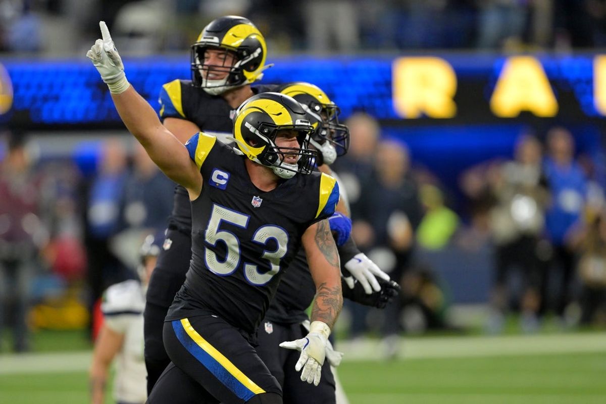 Nov 16, 2025; Inglewood, California, USA;  Los Angeles Rams linebacker Nate Landman (53) celebrates after defeating the Seattle Seahawks at SoFi Stadium. Mandatory Credit: Jayne Kamin-Oncea-Imagn Images