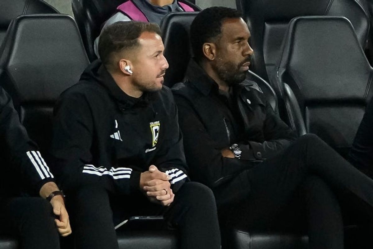 Columbus Crew assistant coach Yoann Damet, left, and head coach Wilfried Nancy watch during the second half of the Concacaf Champions Cup quarterfinal against Tigres UANL at Lower.com Field. The game ended in a 1-1 tie.