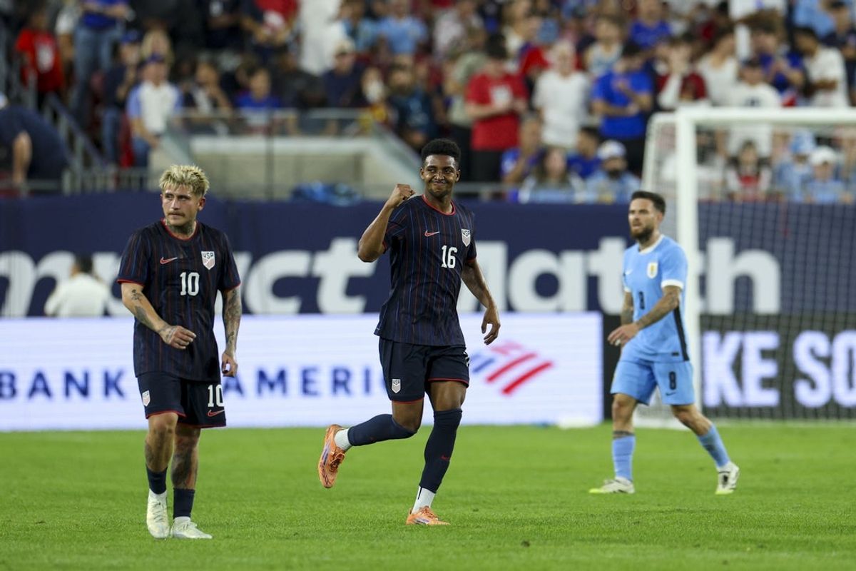 Nov 18, 2025; Tampa, Florida, USA; United States defender Alex Freeman (16) reacts after scoring a goal against Uruguay during the first half in an international friendly at Raymond James Stadium. Mandatory Credit: Nathan Ray Seebeck-Imagn Images