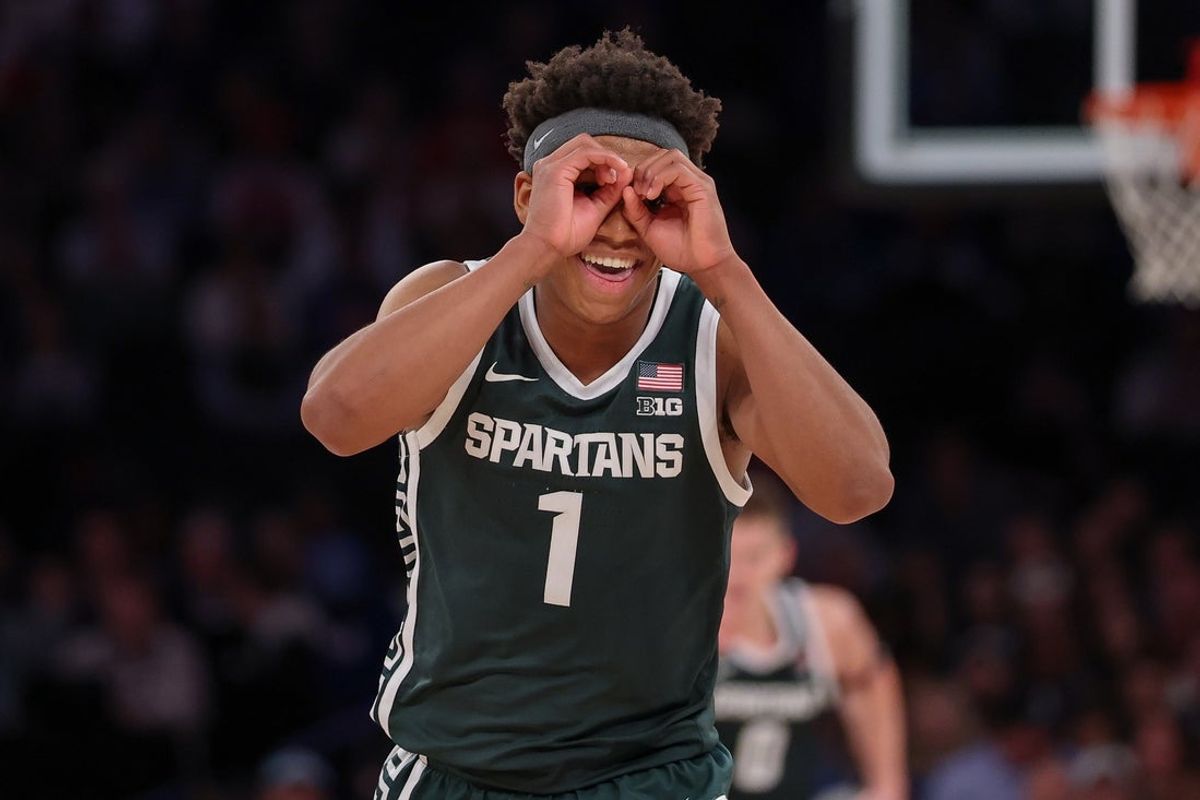Nov 18, 2025; New York, New York, USA; Michigan State Spartans guard Jeremy Fears Jr. (1) reacts during the second half against the Kentucky Wildcats at Madison Square Garden. Mandatory Credit: Vincent Carchietta-Imagn Images