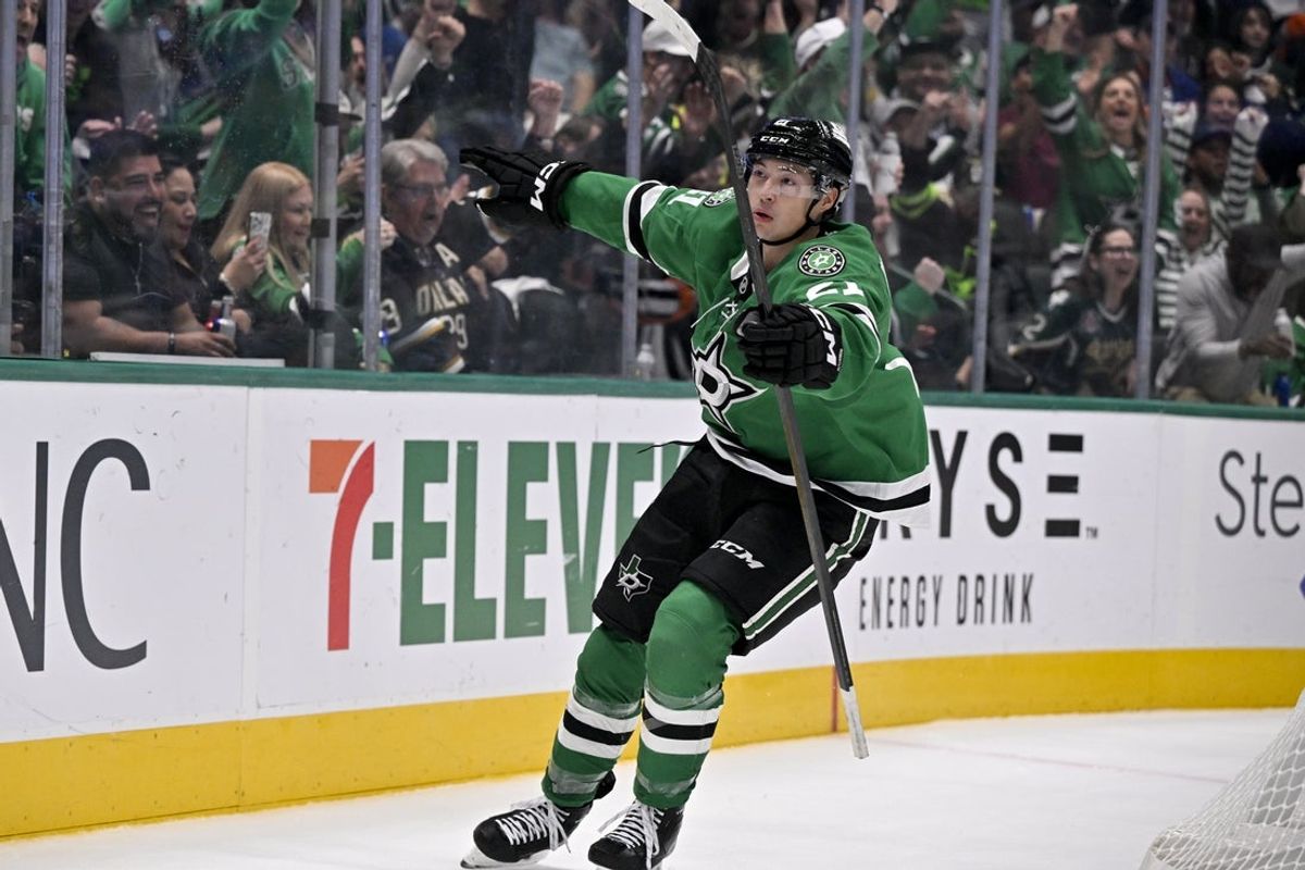 Nov 18, 2025; Dallas, Texas, USA; Dallas Stars left wing Jason Robertson (21) celebrates after he scores a goal against New York Islanders goaltender David Rittich (not pictured) during the second period at the American Airlines Center. Mandatory Credit: Jerome Miron-Imagn Images