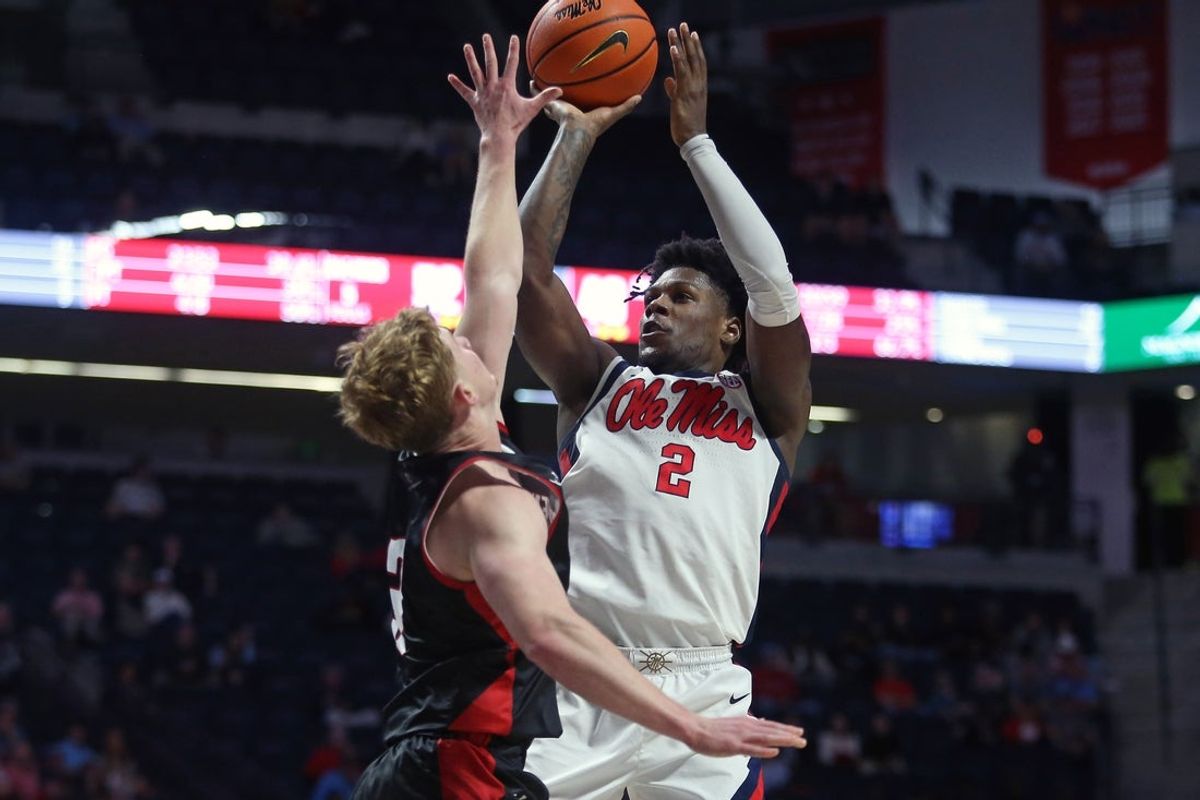 Nov 18, 2025; Oxford, Mississippi, USA; Mississippi Rebels guard AJ Storr (2) shoots during the second half against the Austin Peay Governors at The Sandy and John Black Pavilion at Ole Miss. Mandatory Credit: Petre Thomas-Imagn Images