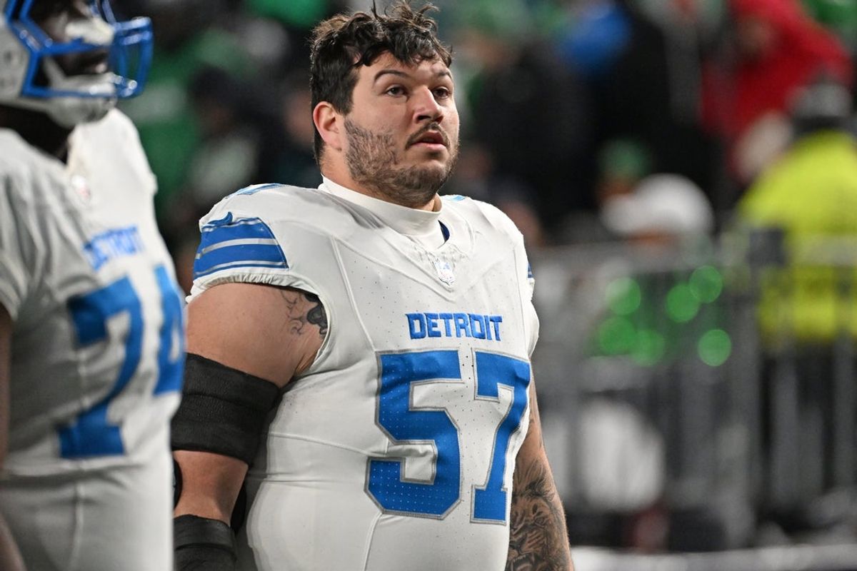 Nov 16, 2025; Philadelphia, Pennsylvania, USA; Detroit Lions center Trystan Colon (57) runs off the field at halftime against the Philadelphia Eagles at Lincoln Financial Field. Mandatory Credit: Eric Hartline-Imagn Images