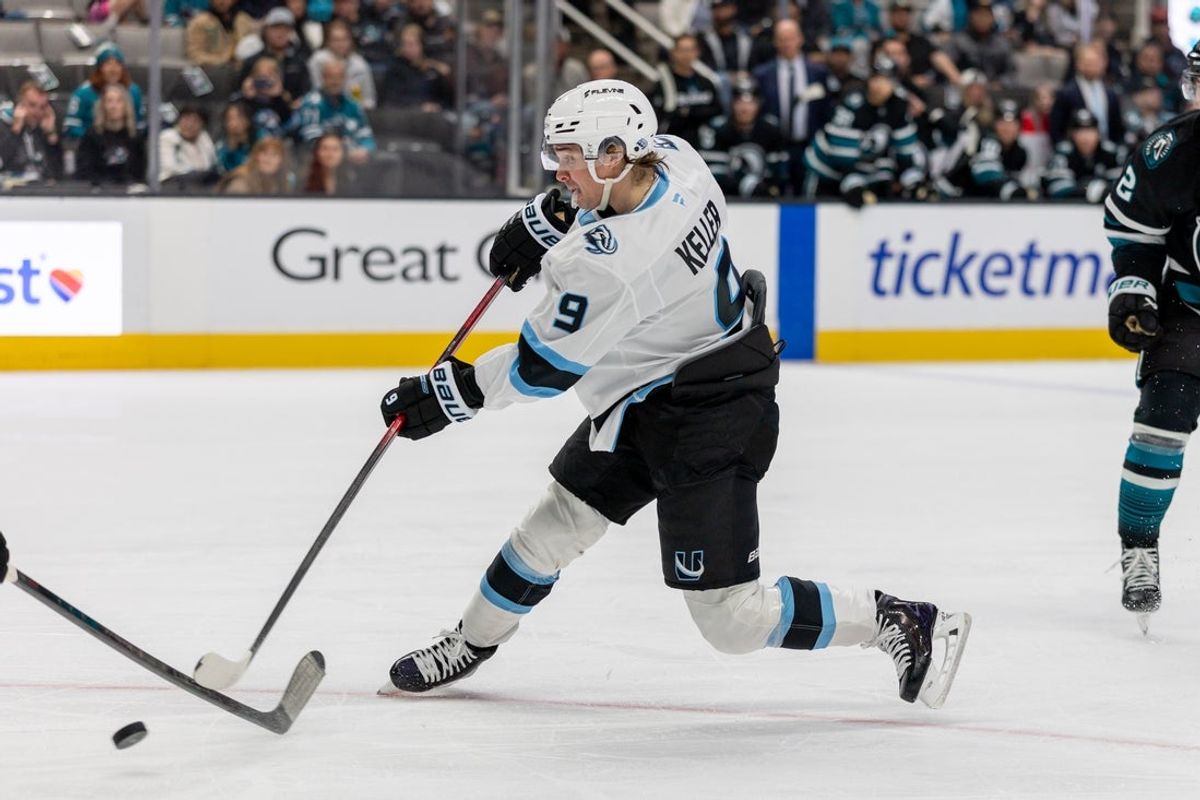Nov 18, 2025; San Jose, California, USA; Utah Mammoth right wing Clayton Keller (9) takes a shot during the first period against the San Jose Sharks at SAP Center at San Jose. Mandatory Credit: Bob Kupbens-Imagn Images