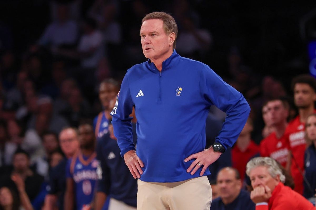 Nov 18, 2025; New York, New York, USA; Kansas Jayhawks head coach Bill Self looks on during the second half against the Duke Blue Devils at Madison Square Garden. Mandatory Credit: Vincent Carchietta-Imagn Images