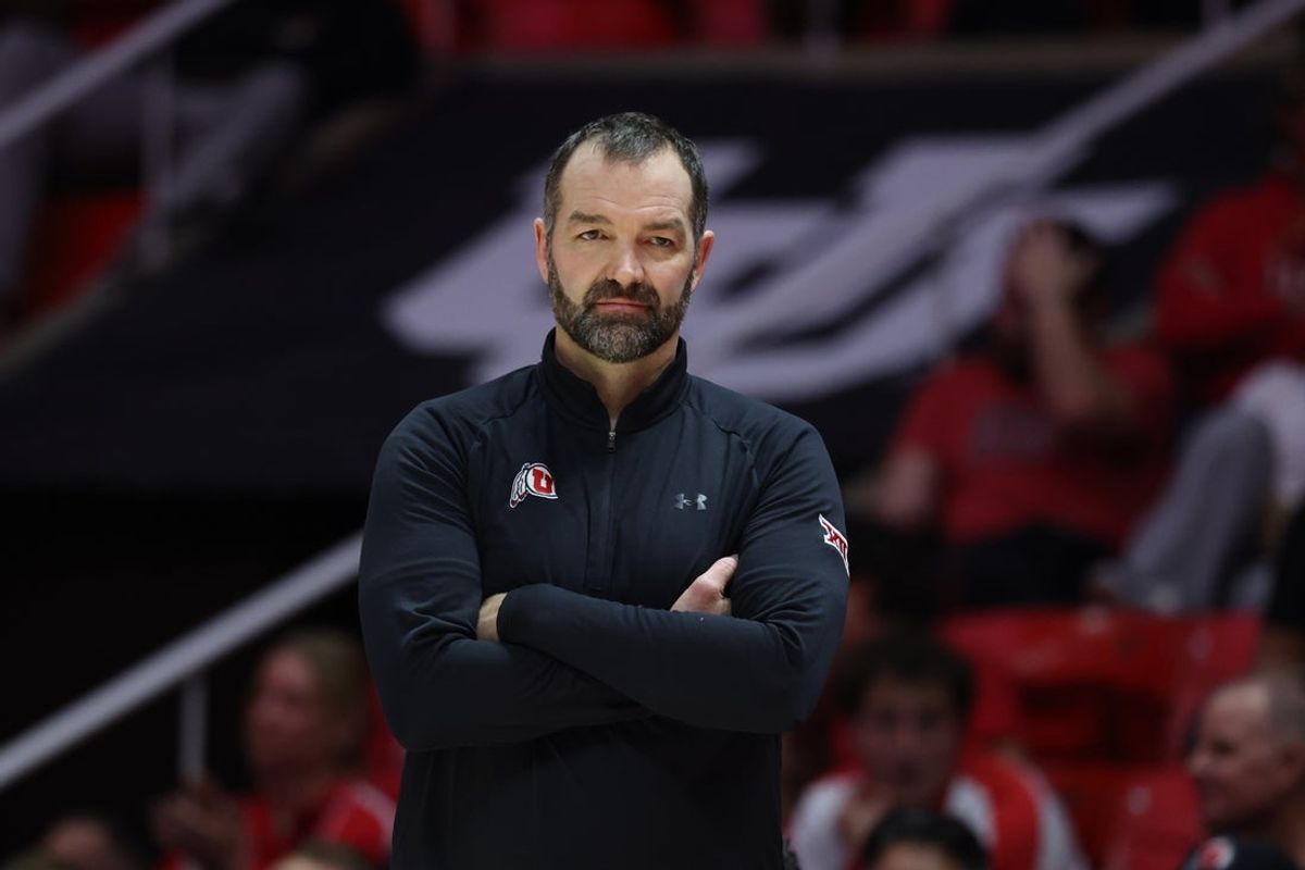 Nov 18, 2025; Salt Lake City, Utah, USA; Utah Utes head coach Alex Jensen watches play against the Purdue Fort Wayne Mastodons during the second half at Jon M. Huntsman Center. Mandatory Credit: Rob Gray-Imagn Images