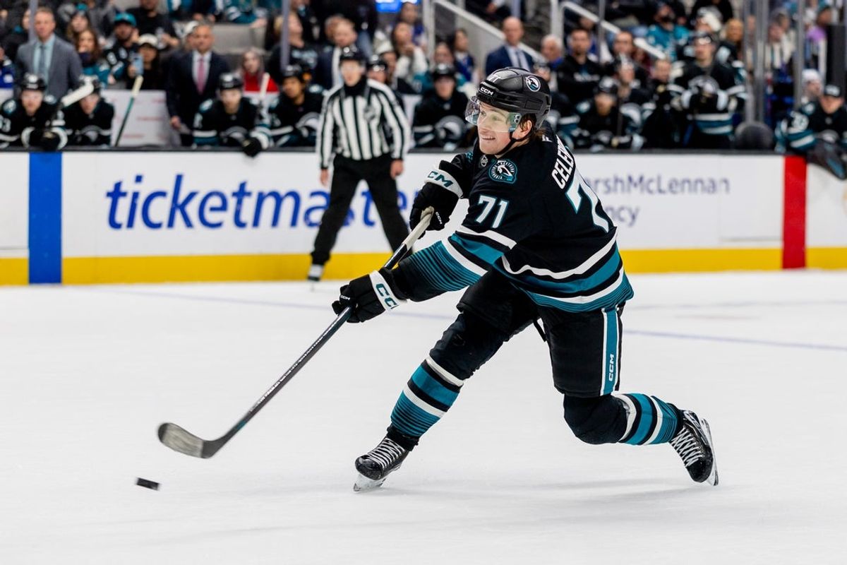 Nov 18, 2025; San Jose, California, USA; San Jose Sharks center Macklin Celebrini (71) scores a hat trick with the winning goal in overtime against the Utah Mammoth at SAP Center at San Jose. Mandatory Credit: Bob Kupbens-Imagn Images