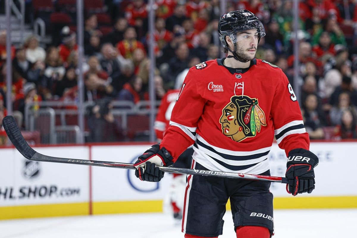 Nov 18, 2025; Chicago, Illinois, USA; Chicago Blackhawks center Frank Nazar (91) looks on during the first period at United Center. Mandatory Credit: Kamil Krzaczynski-Imagn Images