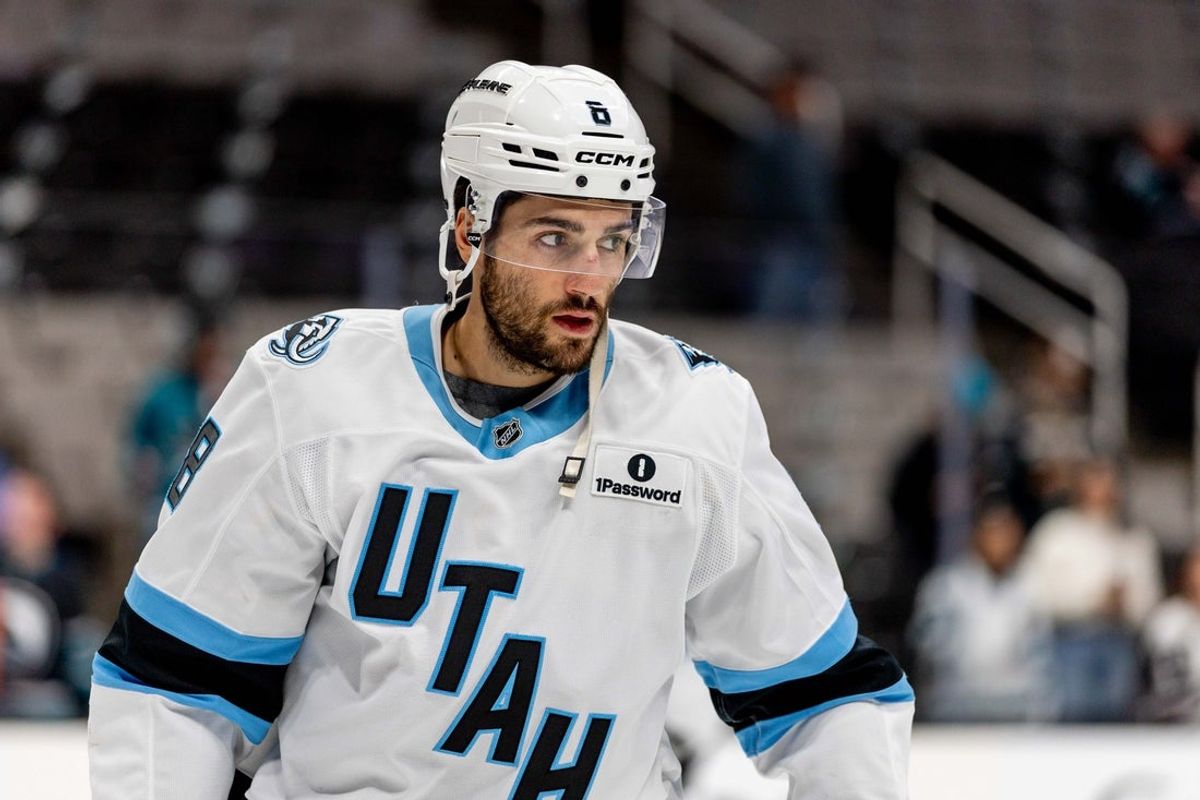 Nov 18, 2025; San Jose, California, USA; Utah Mammoth defenseman John Marino (6) warms up before the game against the San Jose Sharks at SAP Center at San Jose. Mandatory Credit: Bob Kupbens-Imagn Images
