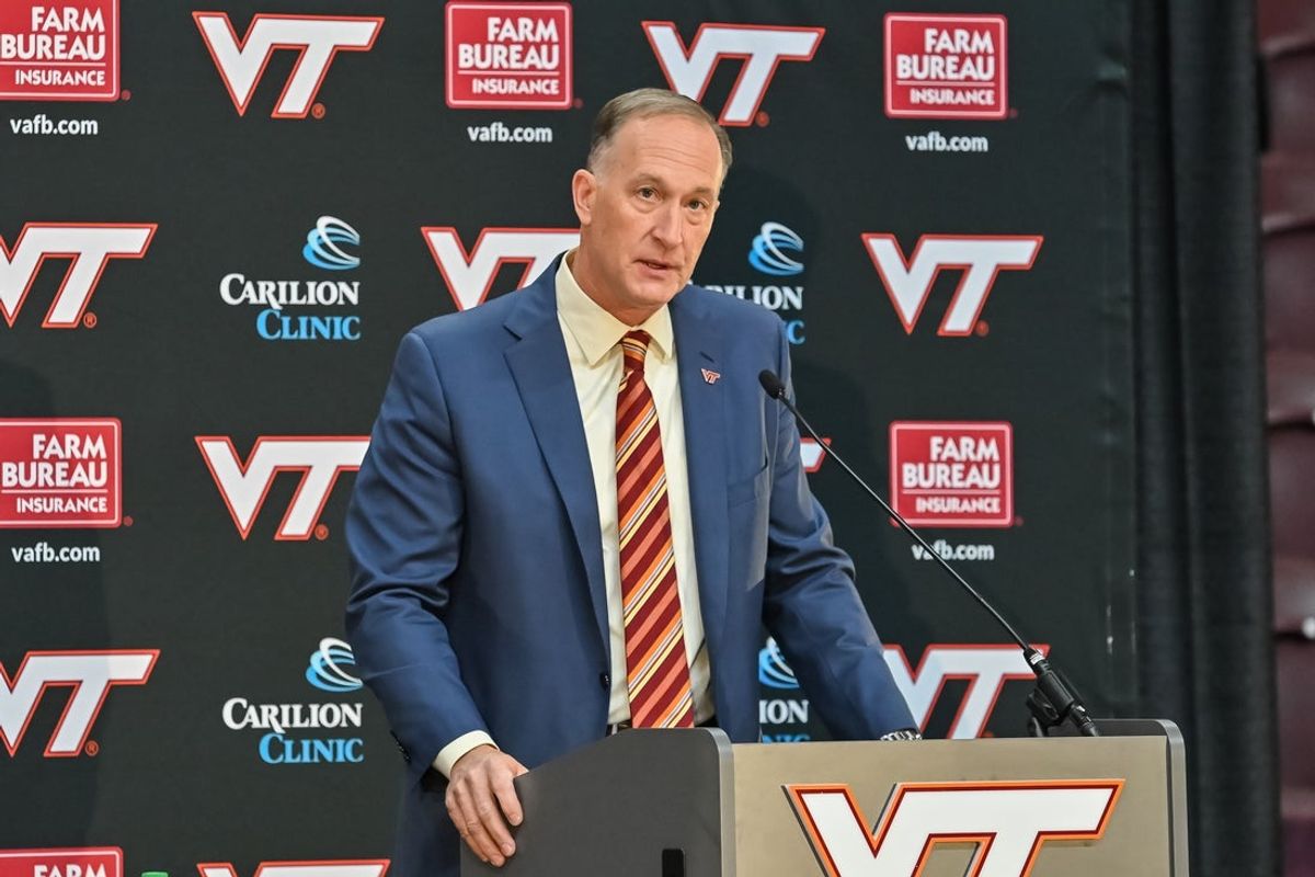 Nov 19, 2025; Blacksburg, VA, USA;  Virginia Tech Athletic Director Whit Babcock speaks at the press conference announcing James Franklin as head coach at Cassell Coliseum. Mandatory Credit: Brian Bishop-Imagn Images
