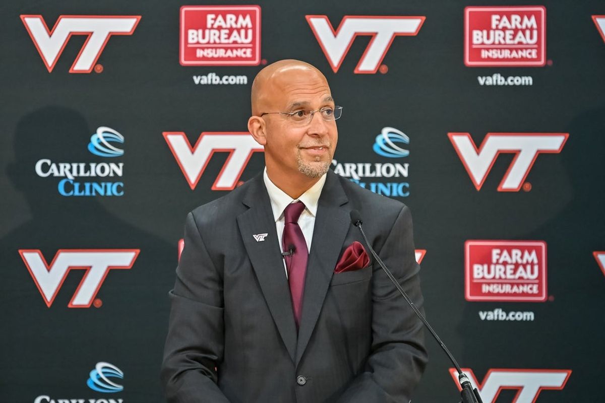 Nov 19, 2025; Blacksburg, VA, USA;  Virginia Tech head coach James Franklin speaks at the press conference at Cassell Coliseum. Mandatory Credit: Brian Bishop-Imagn Images