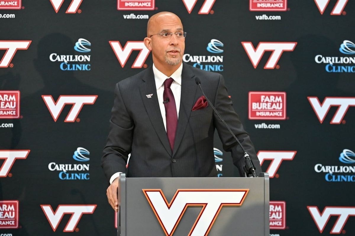Nov 19, 2025; Blacksburg, VA, USA;  Virginia Tech head coach James Franklin during the press conference at Cassell Coliseum. Mandatory Credit: Brian Bishop-Imagn Images