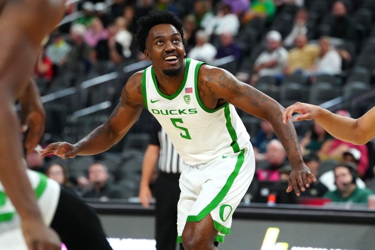 Nov 6, 2023; Las Vegas, Nevada, USA; Oregon Ducks guard Jermaine Couisnard (5) plays against the Georgia Bulldogs during the second half at T-Mobile Arena.