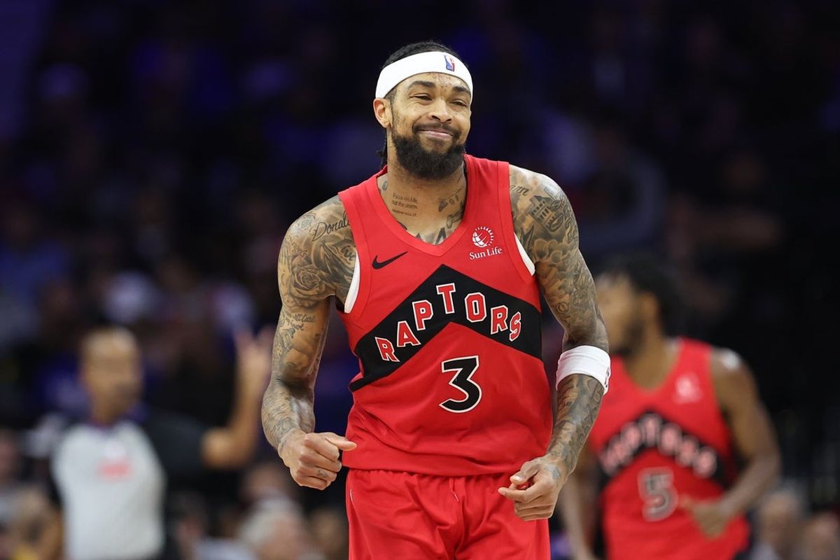 Nov 19, 2025; Philadelphia, Pennsylvania, USA; Toronto Raptors forward Brandon Ingram (3) smiles after scoring against the Philadelphia 76ers during the second quarter at Xfinity Mobile Arena. Mandatory Credit: Bill Streicher-Imagn Images
