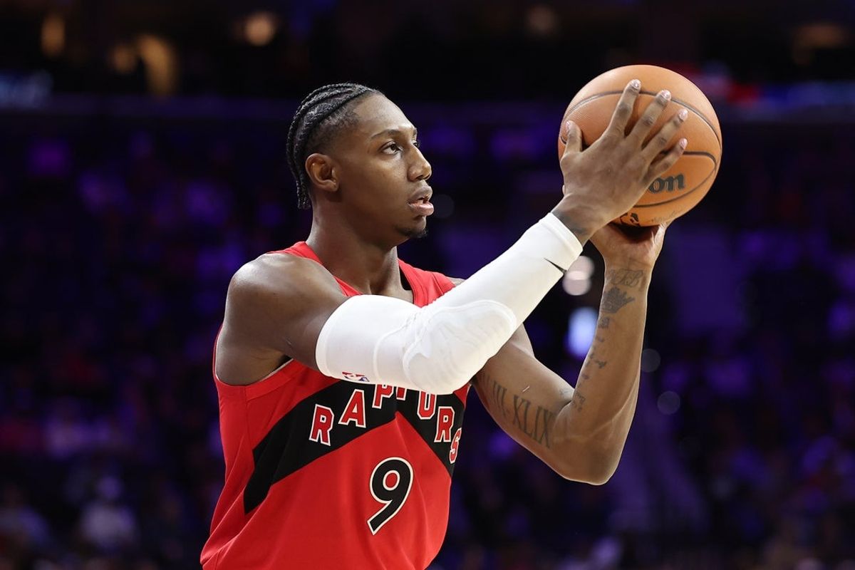 Nov 19, 2025; Philadelphia, Pennsylvania, USA; Toronto Raptors forward RJ Barrett (9) shoots the ball against the Philadelphia 76ers during the fourth quarter at Xfinity Mobile Arena. Mandatory Credit: Bill Streicher-Imagn Images