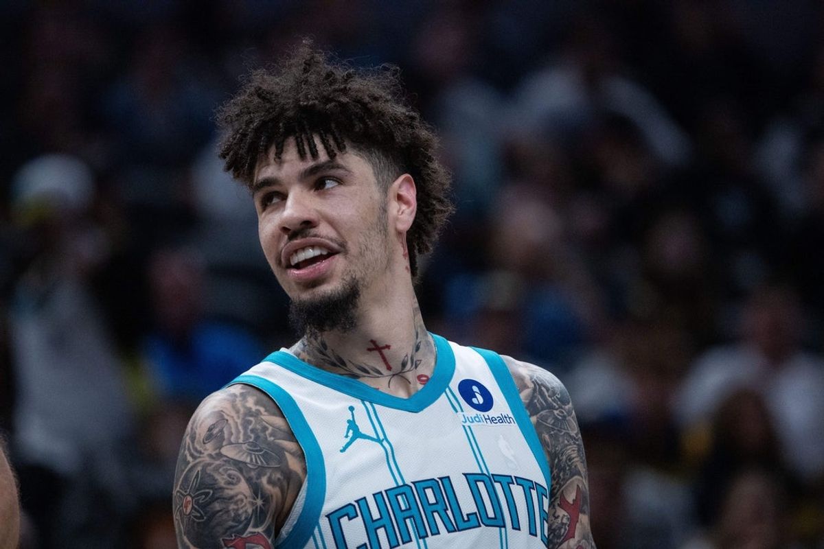 Nov 19, 2025; Indianapolis, Indiana, USA; Charlotte Hornets guard LaMelo Ball (1) looks on in the first half against the Indiana Pacers at Gainbridge Fieldhouse. Mandatory Credit: Trevor Ruszkowski-Imagn Images