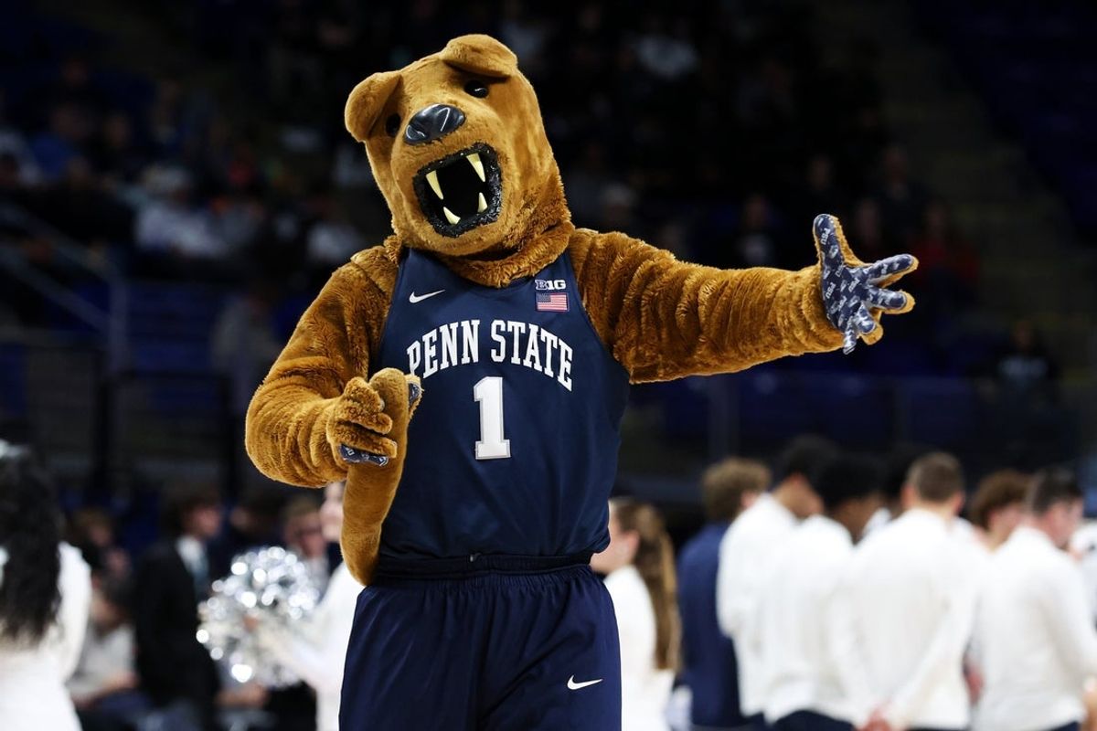 Nov 19, 2025; University Park, Pennsylvania, USA; The Penn State Nittany Lion mascot performs during the second half against the Harvard Crimson at Bryce Jordan Center. Mandatory Credit: Matthew O'Haren-Imagn Images