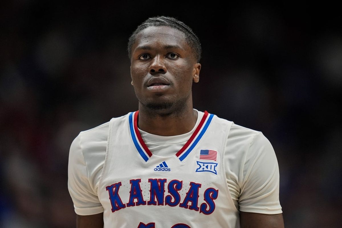 Nov 11, 2025; Lawrence, Kansas, USA; Kansas Jayhawks forward Flory Bidunga (40) reacts during the first half against the Texas A&M-Corpus Christi Islanders at Allen Fieldhouse. Mandatory Credit: Jay Biggerstaff-Imagn Images
