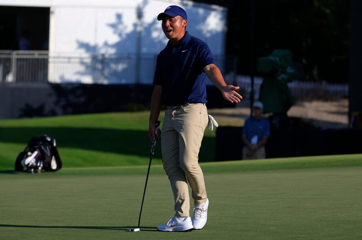 Doug Ghim reacts to his missed putt on the 18th green that would have helped him take sole posession of first place instead of a three-way-tie during the first day of the RSM Classic PGA golf tournament at the Seaside Course, Thursday, Nov. 20, 2025, in St. Simons Island, Ga. A field of 156 golfers began vying to the win the final official PGA Tour event of the season. [Corey Perrine/Florida Times-Union]