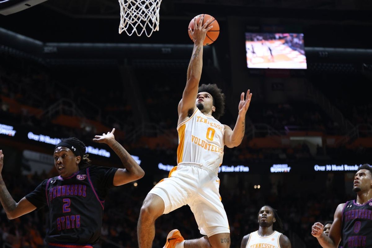 Nov 20, 2025; Knoxville, Tennessee, USA;  Tennessee Volunteers guard Ja'Kobi Gillespie (0) goes to the basket against the Tennessee State Tigers during the first half at Thompson-Boling Arena at Food City Center. Mandatory Credit: Randy Sartin-Imagn Images