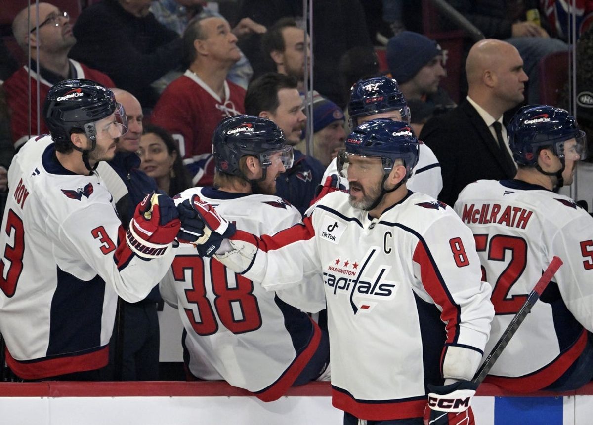 Nov 20, 2025; Montreal, Quebec, CAN; Washington Capitals forward Alex Ovechkin (8) celebrates with teammates after scoring a goal against the Montreal Canadiens during the first period at the Bell Centre. Mandatory Credit: Eric Bolte-Imagn Images