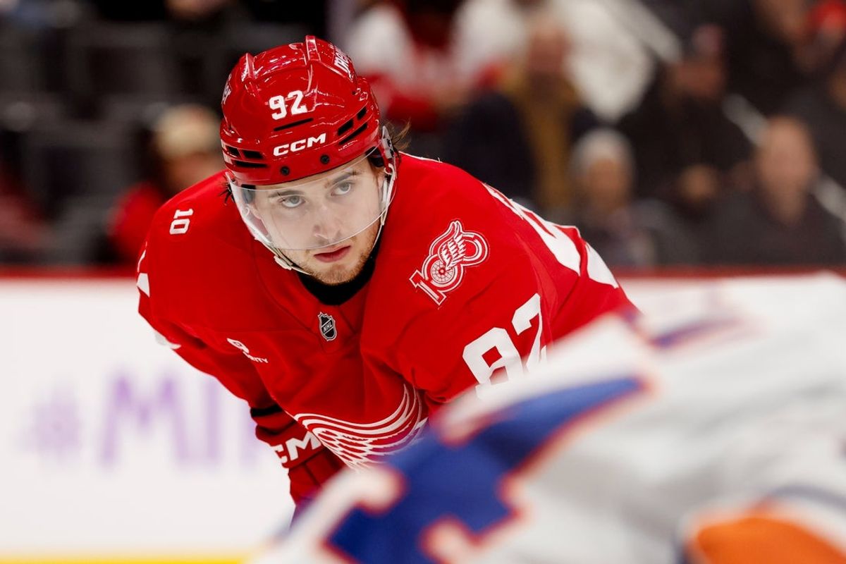 Nov 20, 2025; Detroit, Michigan, USA;  Detroit Red Wings center Marco Kasper (92) gets set during a face off in the second period against the New York Islanders at Little Caesars Arena. Mandatory Credit: Rick Osentoski-Imagn Images