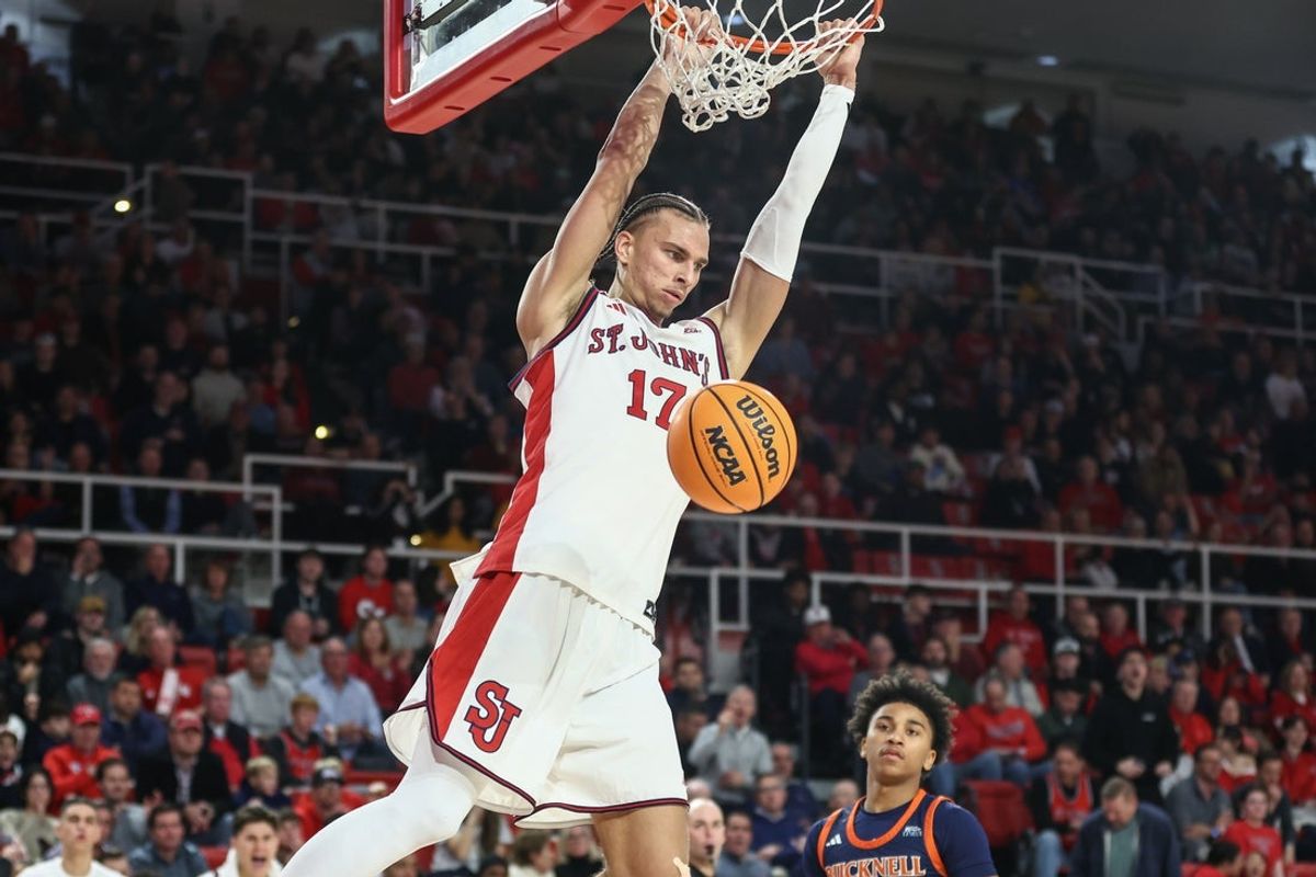 Nov 20, 2025; Queens, New York, USA;  St. John's Red Storm forward Rubén Prey (17) dunks in the second half against the Bucknell Bison at Carnesecca Arena. Mandatory Credit: Wendell Cruz-Imagn Images