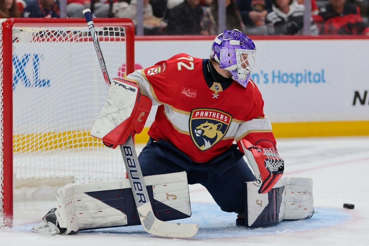 Nov 20, 2025; Sunrise, Florida, USA; Florida Panthers goaltender Sergei Bobrovsky (72) makes a save against the New Jersey Devils during the third period at Amerant Bank Arena. Mandatory Credit: Sam Navarro-Imagn Images