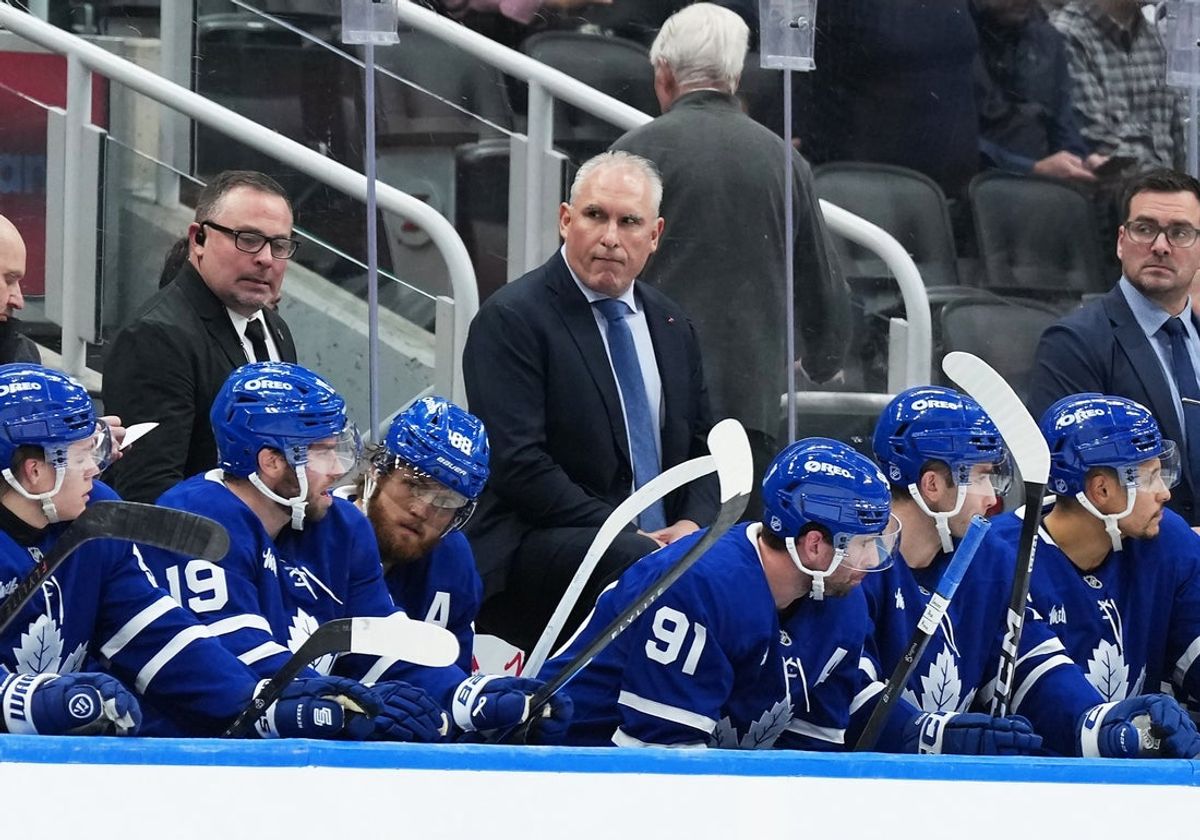 Nov 20, 2025; Toronto, Ontario, CAN; Toronto Maple Leafs head coach Craig Berube looks over at the the Columbus Blue Jackets bench during a break in the third period at Scotiabank Arena. Mandatory Credit: Nick Turchiaro-Imagn Images