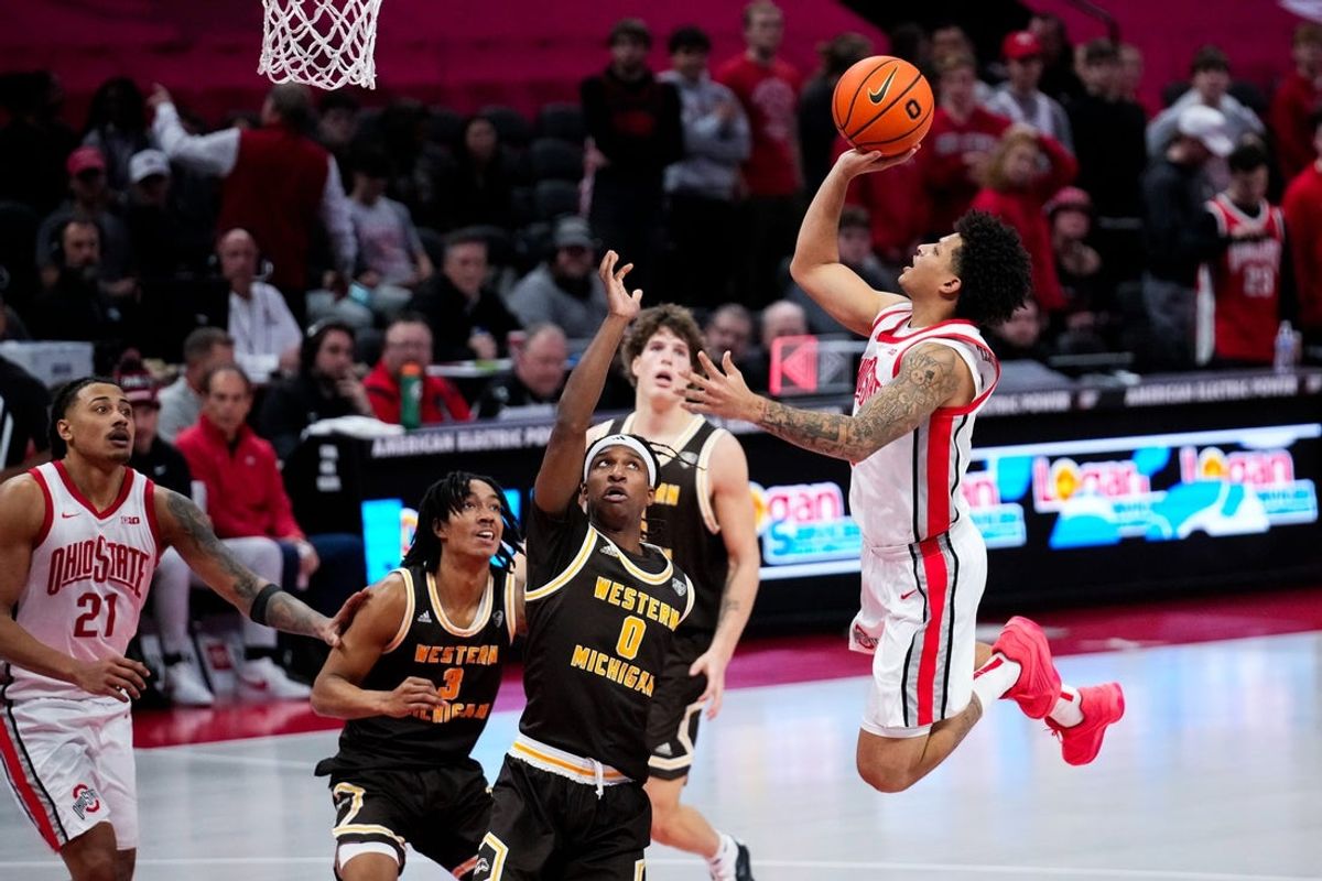 Ohio State Buckeyes guard John Mobley Jr. (0) shoots the ball against the Western Michigan Broncos in the second half of the NCAA basketball game at Value City Arena on Thursday, Nov. 20, 2025 in Columbus, Ohio.