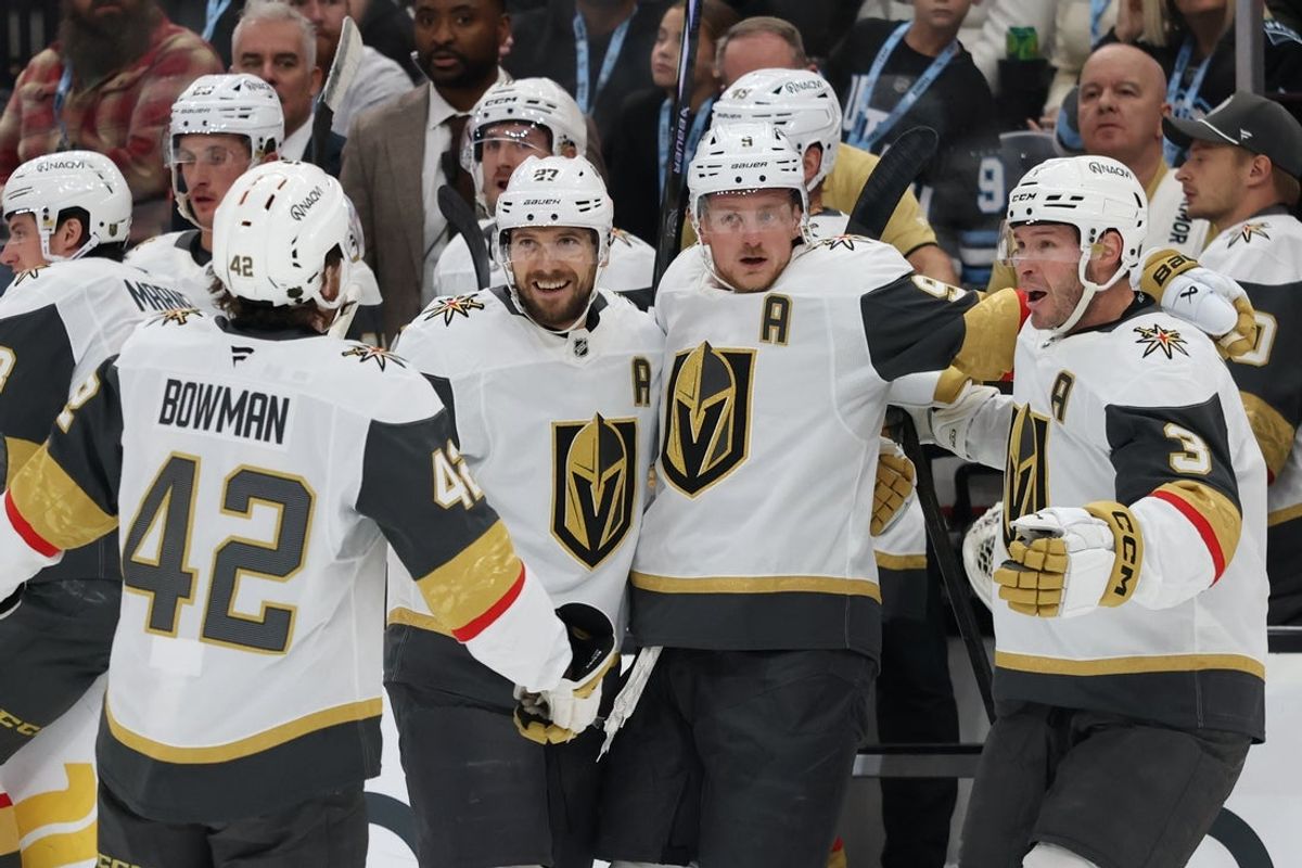 Nov 20, 2025; Salt Lake City, Utah, USA; The Vegas Golden Knights celebrate a goal by Vegas Golden Knights center Jack Eichel (9) against the Utah Mammoth during the second period at Delta Center. Mandatory Credit: Rob Gray-Imagn Images