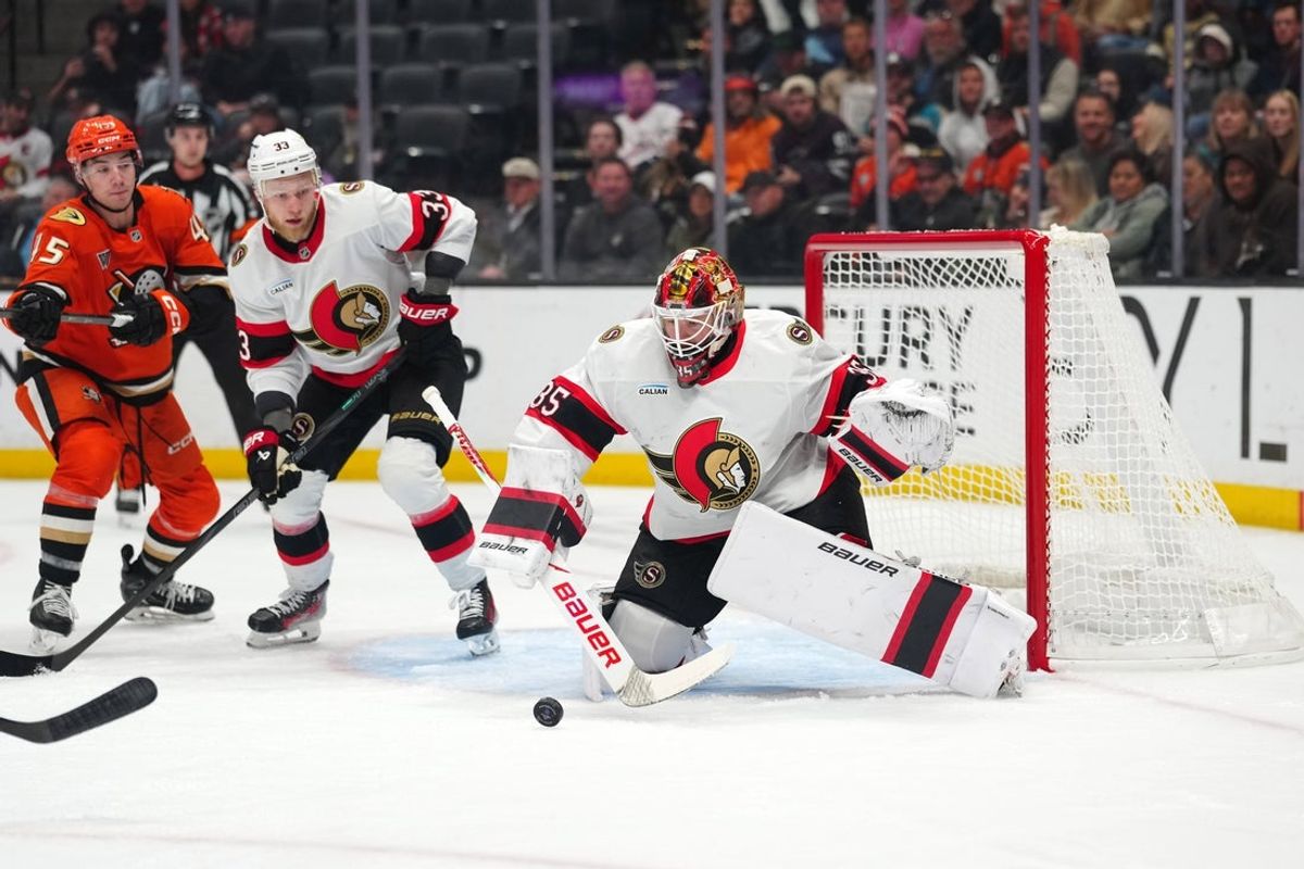 Nov 20, 2025; Anaheim, California, USA; Ottawa Senators goaltender Linus Ullmark (35) makes a save against the Anaheim Ducks in the second period at Honda Center. Mandatory Credit: Kirby Lee-Imagn Images