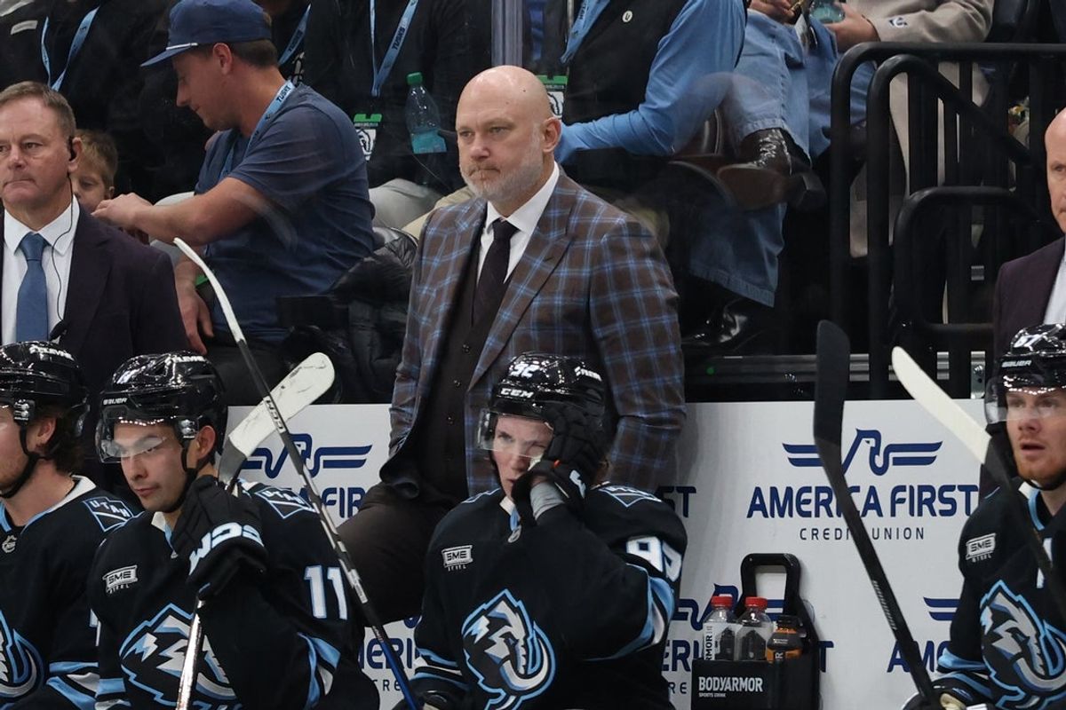 Nov 20, 2025; Salt Lake City, Utah, USA; Utah Mammoth head coach Andre Tourigny watches play against the Vegas Golden Knights during the third period at Delta Center. Mandatory Credit: Rob Gray-Imagn Images