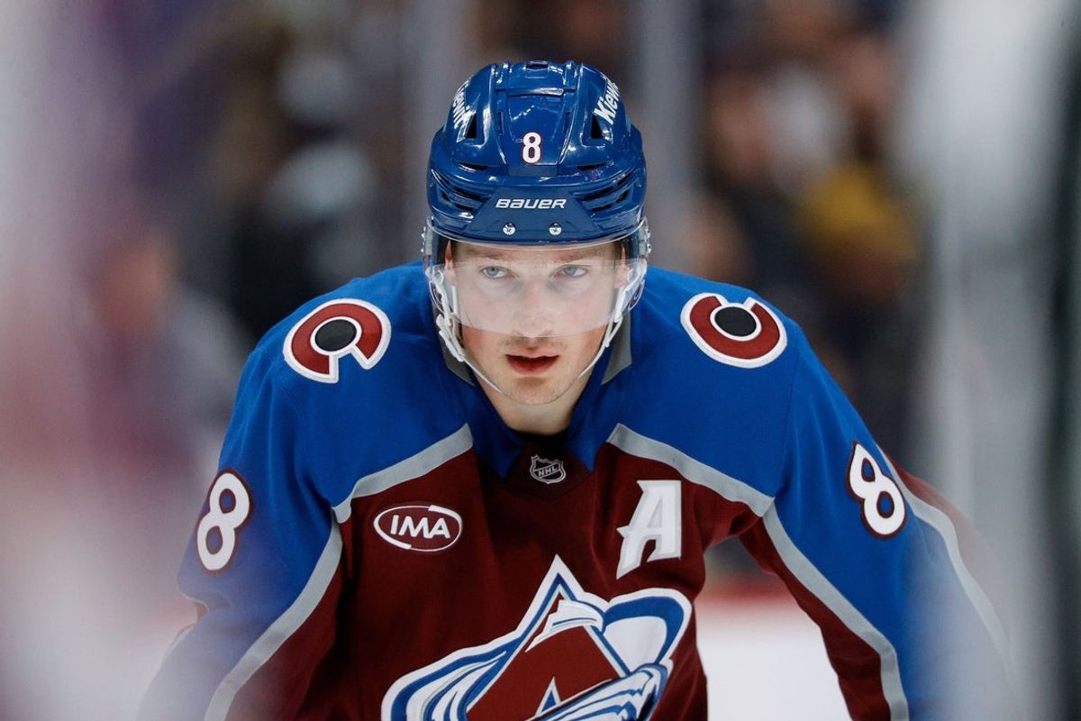 Nov 20, 2025; Denver, Colorado, USA; Colorado Avalanche defenseman Cale Makar (8) in the second period against the New York Rangers at Ball Arena. Mandatory Credit: Isaiah J. Downing-Imagn Images