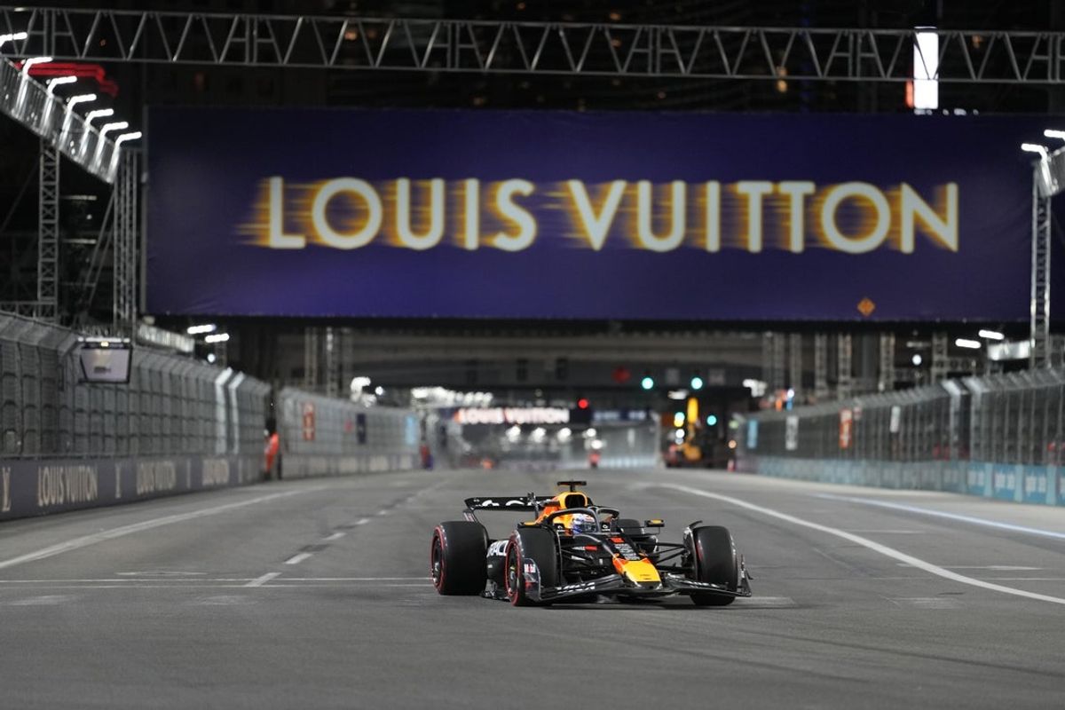 Nov 20, 2025; Las Vegas, NV, USA; Red Bull Racing driver Max Verstappen (1) drives during practice for the Formula 1 Heineken Silver Las Vegas Grand Prix 2025 at the Las Vegas Strip Circuit. Mandatory Credit: Lucas Peltier-Imagn Images