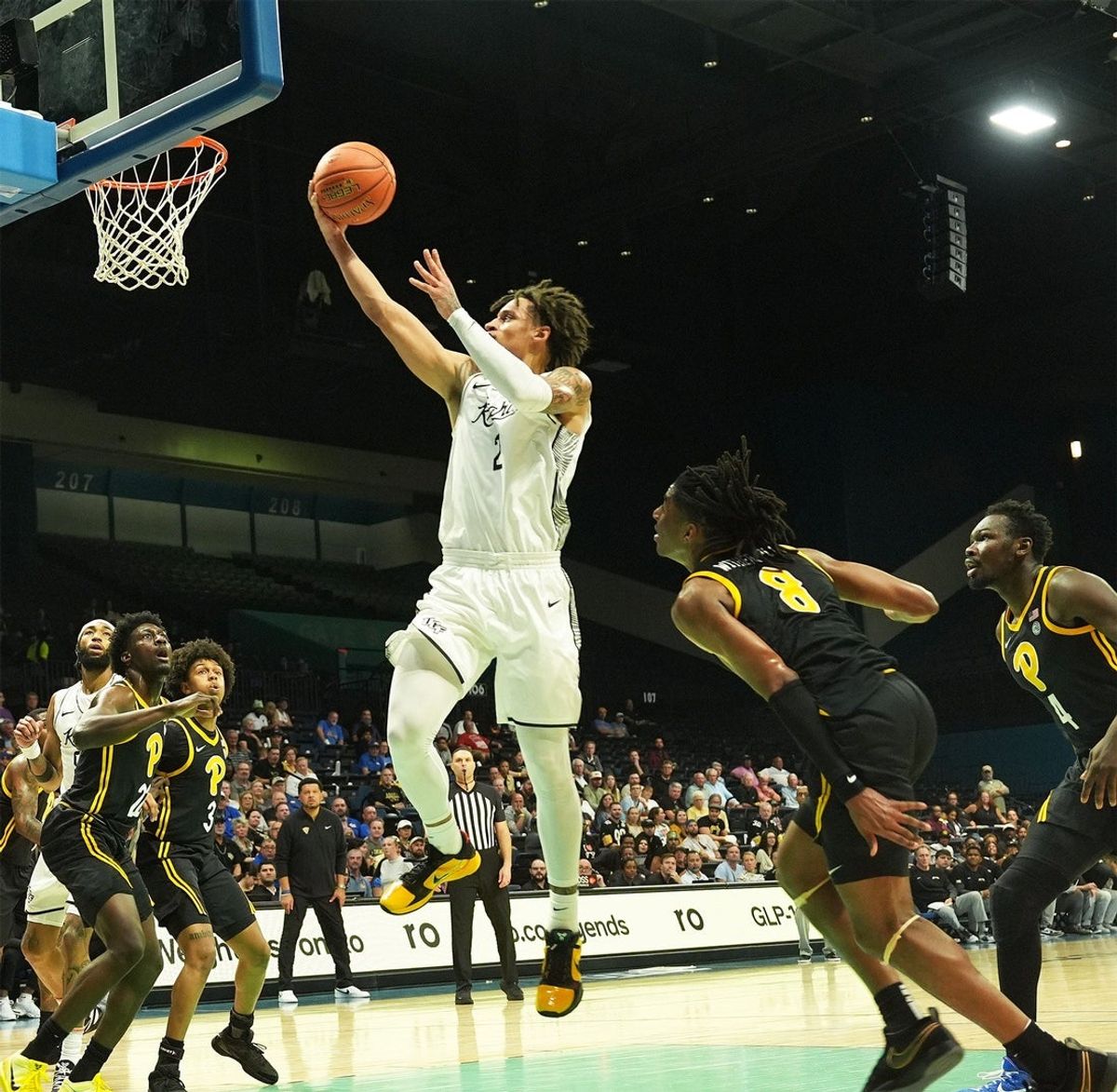 UCF’s Riley Kugel (2) shoots a layup against Pittsburgh during a college basketball game Thursday, Nov. 20, 2025 at the Ocean Center.