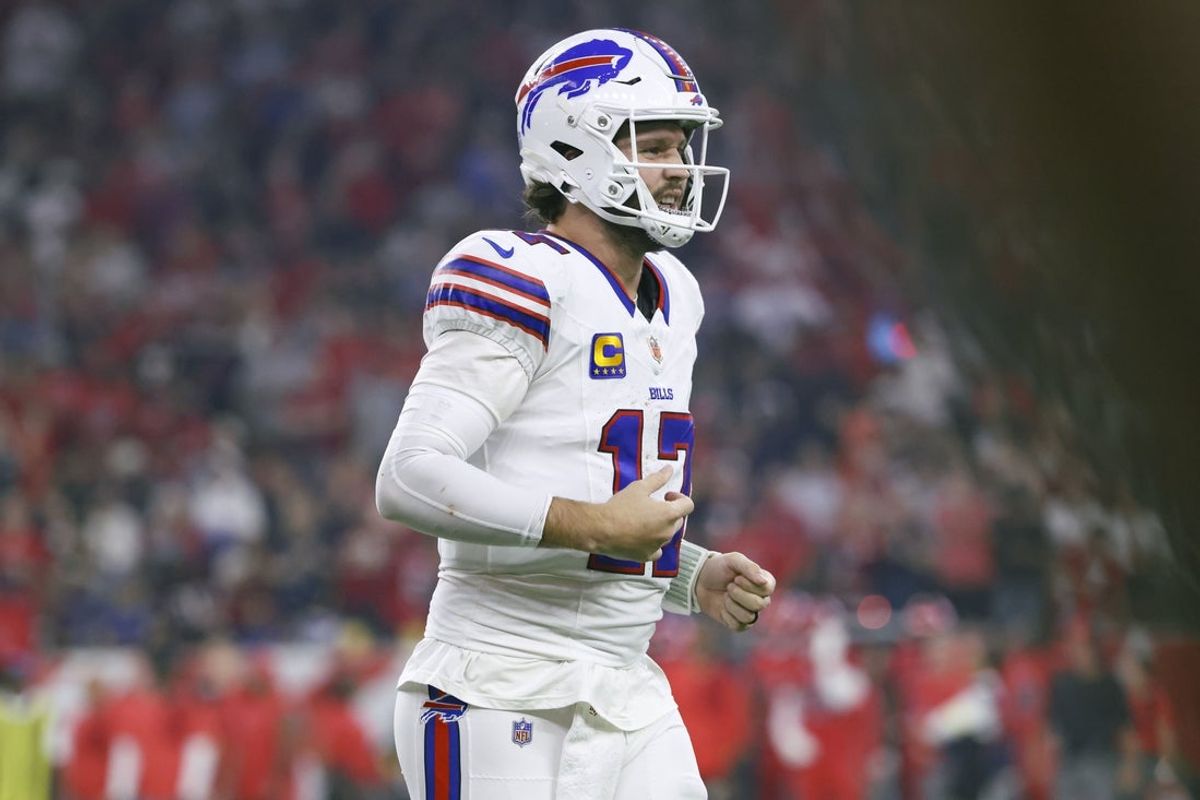Nov 20, 2025; Houston, Texas, USA; Buffalo Bills quarterback Josh Allen (17) jogs off the field during the game against the Houston Texans at NRG Stadium. Mandatory Credit: Troy Taormina-Imagn Images