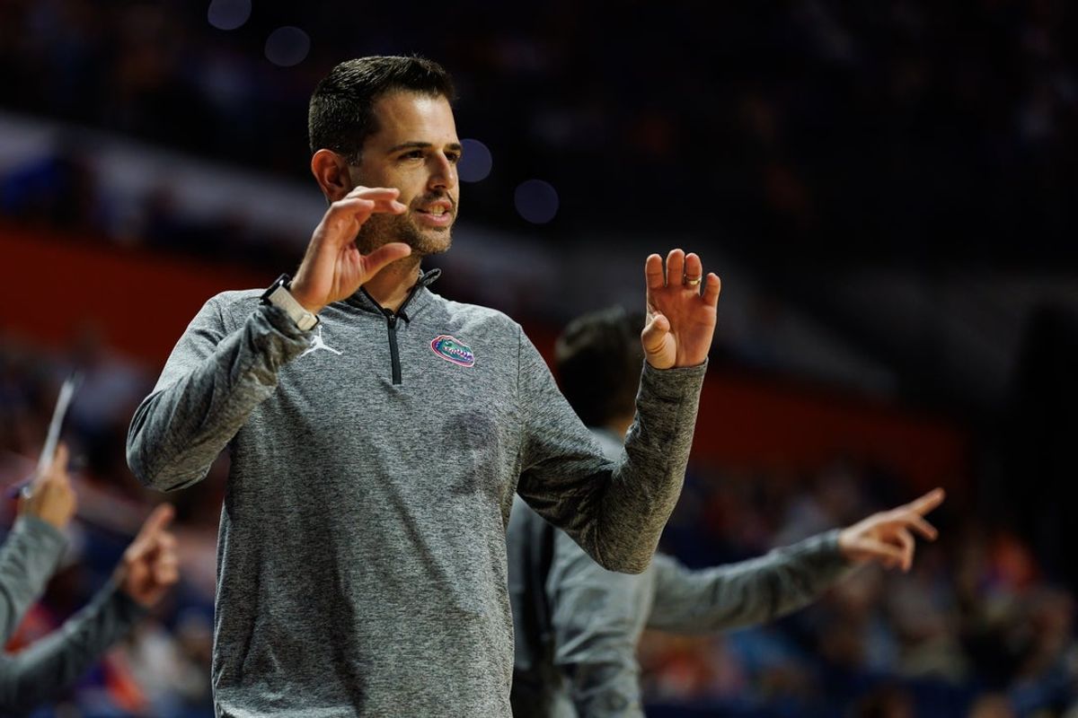 Nov 21, 2025; Gainesville, Florida, USA; Florida Gators head coach Todd Golden gestures against the Merrimack Warriors during the first half at Exactech Arena at the Stephen C. O'Connell Center. Mandatory Credit: Matt Pendleton-Imagn Images