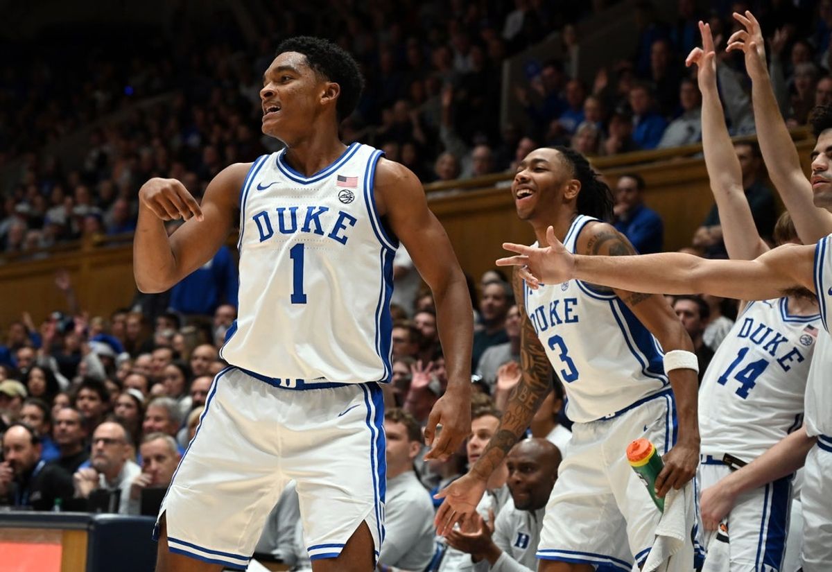 Nov 21, 2025; Durham, North Carolina, USA; Duke Blue Devils guard Caleb Foster (1) reacts to hitting a three-pointer during the second half against the Niagara Purple Eagles at Cameron Indoor Stadium. Mandatory Credit: Rob Kinnan-Imagn Images