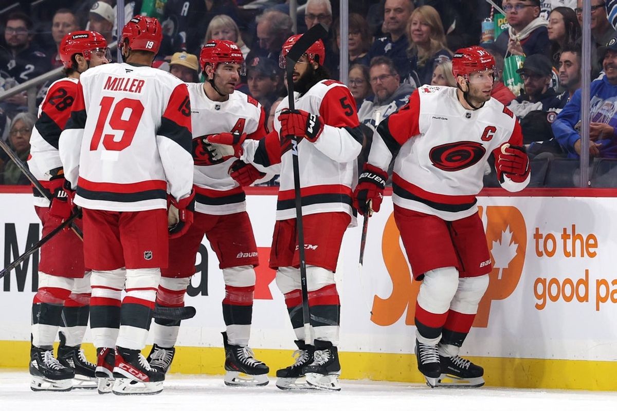 Nov 21, 2025; Winnipeg, Manitoba, CAN; Carolina Hurricanes center Jordan Staal (11) celebrates a goal against the Winnipeg Jets in the second period at Canada Life Centre. Mandatory Credit: James Carey Lauder-Imagn Images