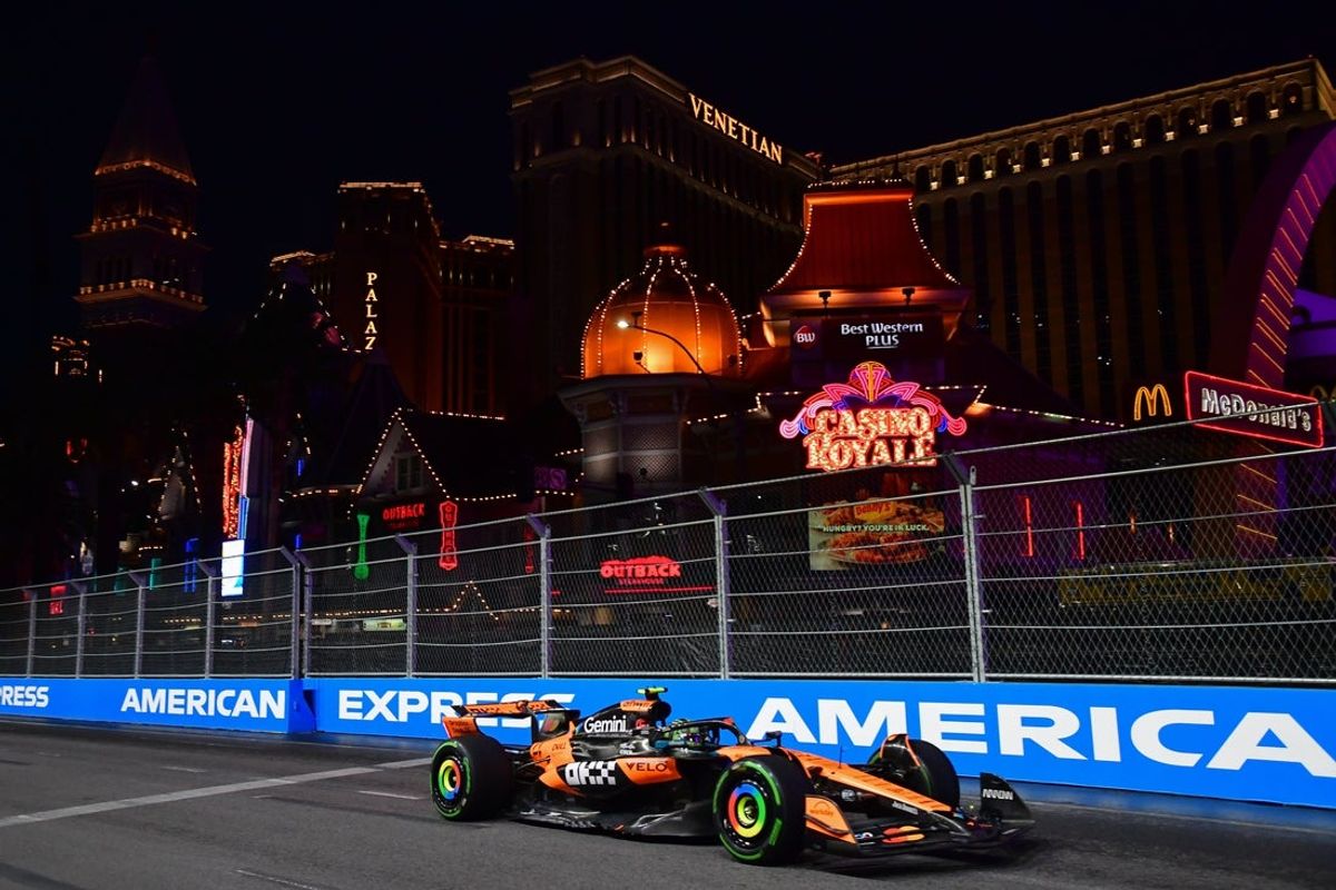Nov 21, 2025; Las Vegas, NV, USA; McLaren driver Lando Norris (4) during practice for the Las Vegas Grand Prix at Las Vegas Strip Circuit. Mandatory Credit: Gary A. Vasquez-Imagn Images