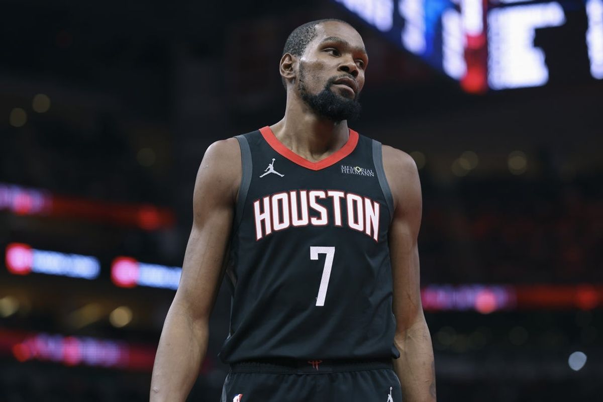 Nov 21, 2025; Houston, Texas, USA; Houston Rockets forward Kevin Durant (7) reacts after a play during the fourth quarter against the Denver Nuggets at Toyota Center. Mandatory Credit: Troy Taormina-Imagn Images