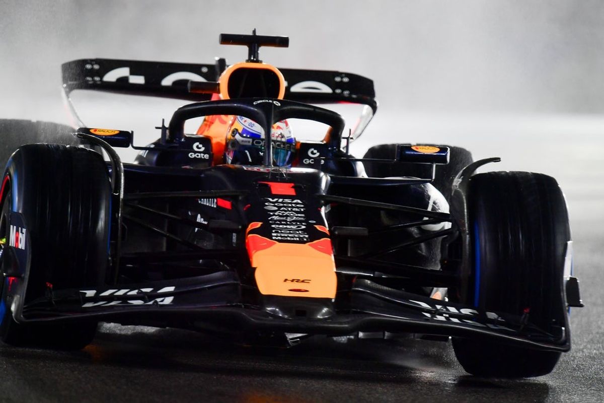 Nov 21, 2025; Las Vegas, NV, USA; Red Bull Racing driver Max Verstappen (1) during qualifying for the Las Vegas Grand Prix at Las Vegas Strip Circuit. Mandatory Credit: Gary A. Vasquez-Imagn Images
