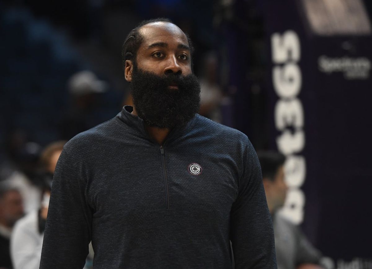 Nov 22, 2025; Charlotte, North Carolina, USA; Los Angeles Clippers guard James Harden (1) warms up before the game against the Charlotte Hornets at the Spectrum Center. Mandatory Credit: Sam Sharpe-Imagn Images