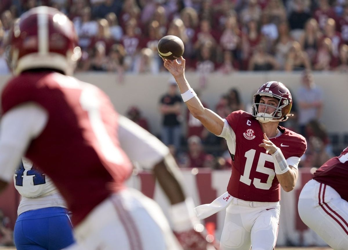 Nov 22, 2025; Tuscaloosa, Alabama, USA;  Alabama quarterback Ty Simpson (15) throws to Alabama wide receiver Isaiah Horton (1) during the game with Eastern Illinois at Saban Field at Bryant-Denny Stadium. Mandatory Credit: Gary Cosby Jr.-Imagn Images