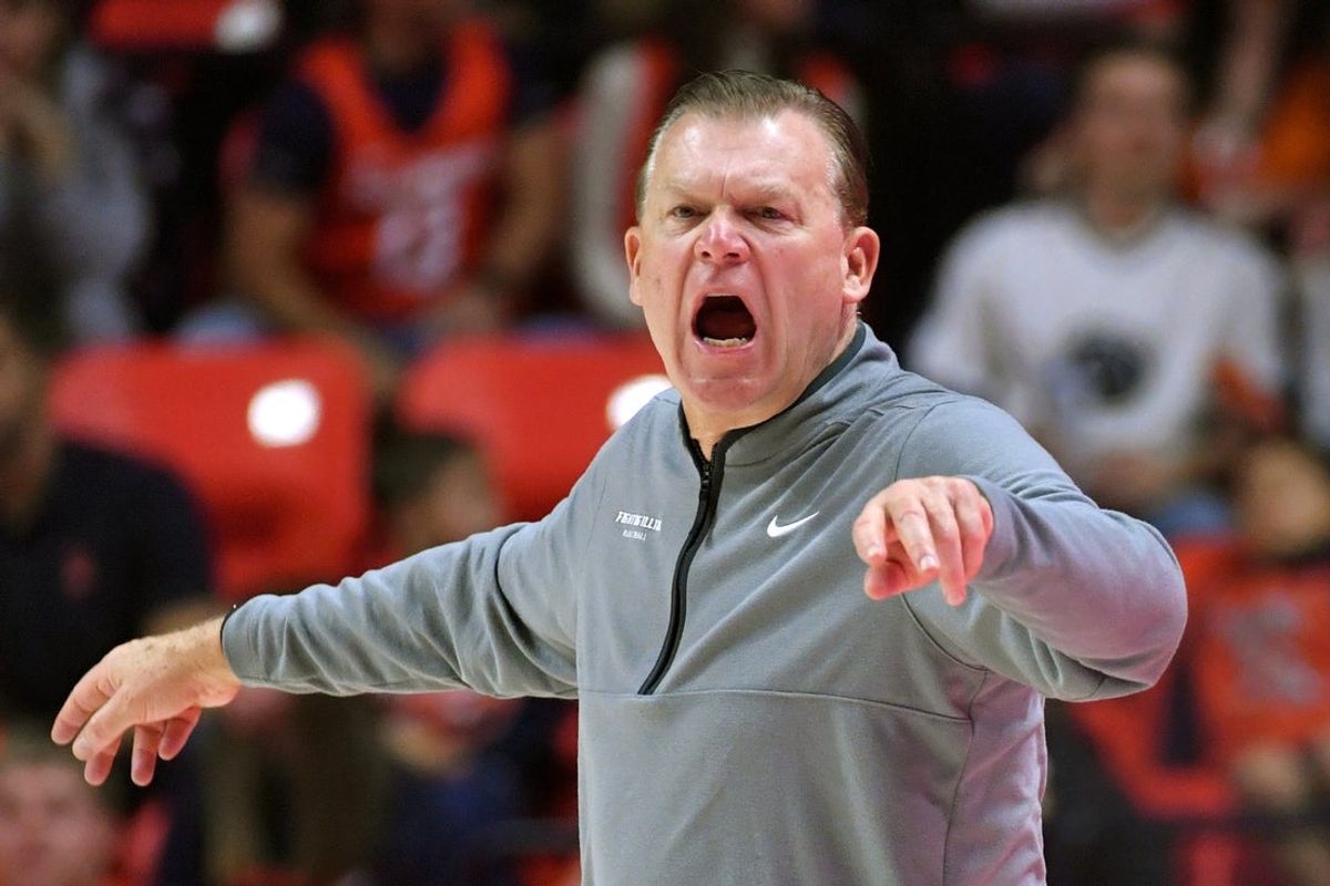 Nov 22, 2025; Champaign, Illinois, USA;  Illinois Fighting Illini head coach Brad Underwood reacts during the second half against the Long Island University Sharks at State Farm Center. Mandatory Credit: Ron Johnson-Imagn Images